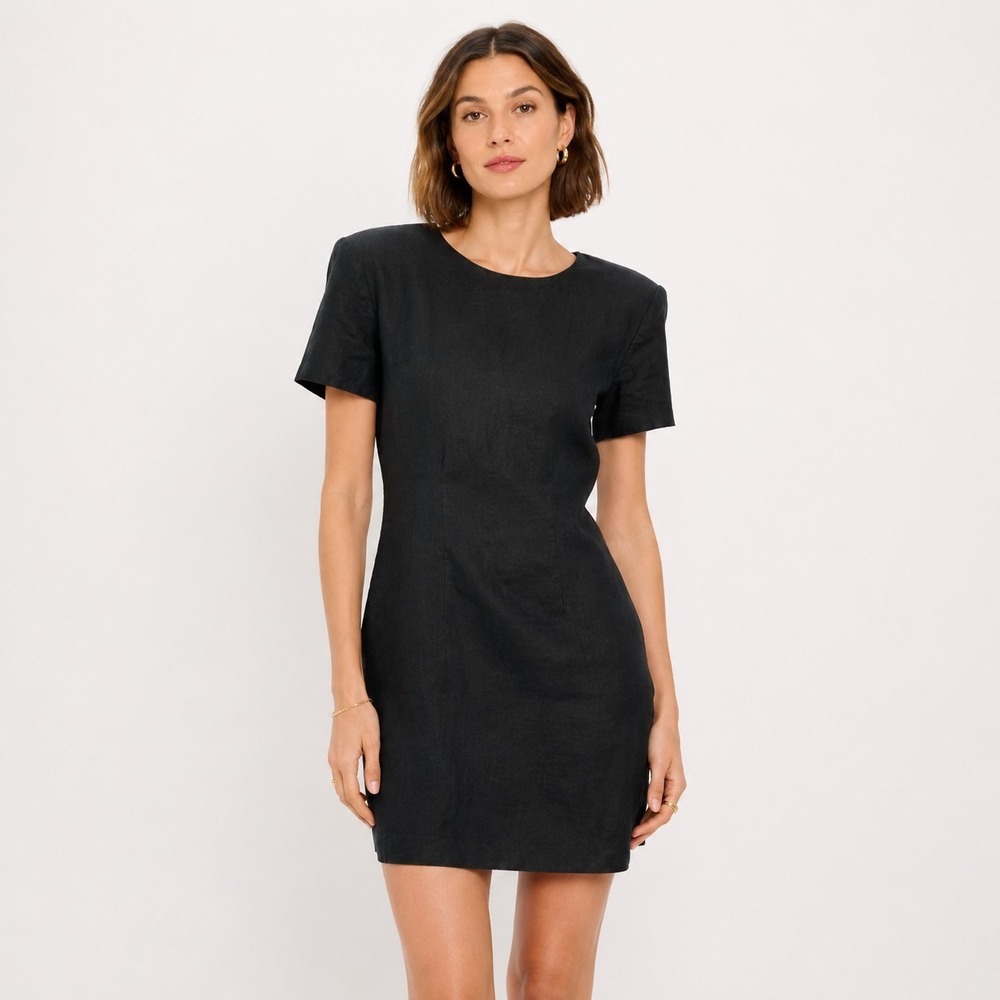 VTG Valerie Stephens Minimalist Black Linen Mini Dress Shoulder Pads Sz 12P
